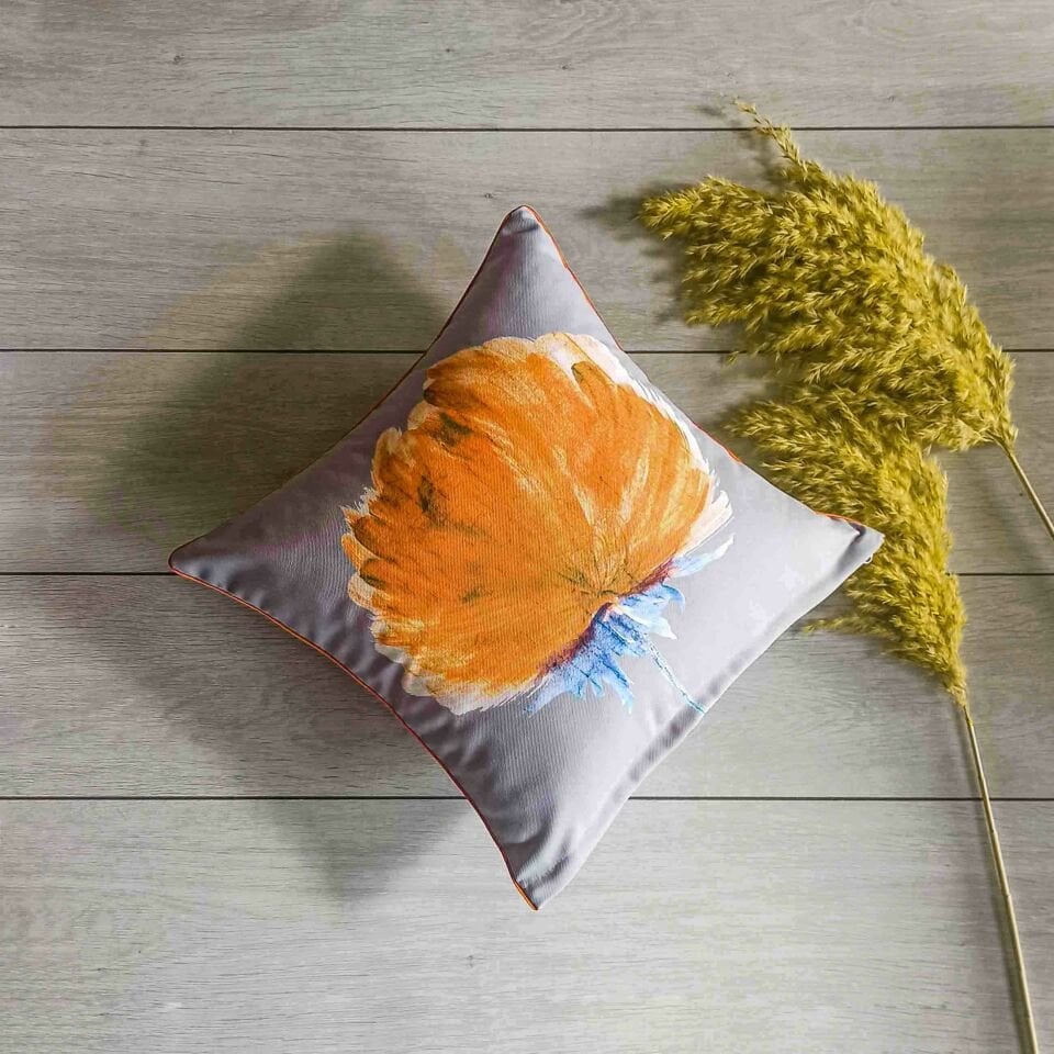 Turuncu Çiçek Baskılı Kırlent Kılıfı